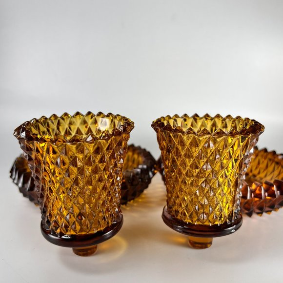 Vtg Indiana Art Glass Amber Diamond Point Peg Votive Candle Holders Retro MCM - Picture 3 of 12